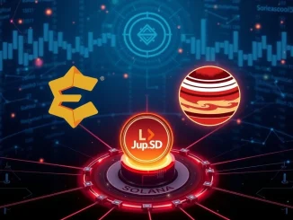 Ethena and Jupiter logos converging around a JupUSD coin on the Solana blockchain, representing their strategic stablecoin partnership.