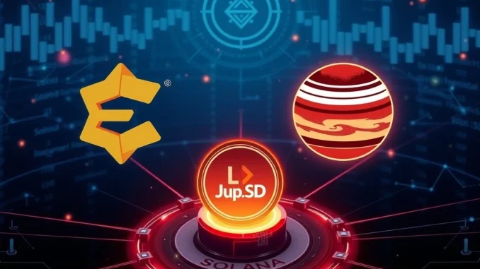 Strategic JupUSD Launch: Ethena and Jupiter Unveil New Solana Stablecoin Ethena and Jupiter logos converging around a JupUSD coin on the Solana blockchain, representing their strategic stablecoin partnership.