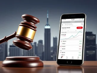 A legal gavel over a smartphone showing a prediction market, symbolizing the Kalshi lawsuit challenging prediction market regulation.