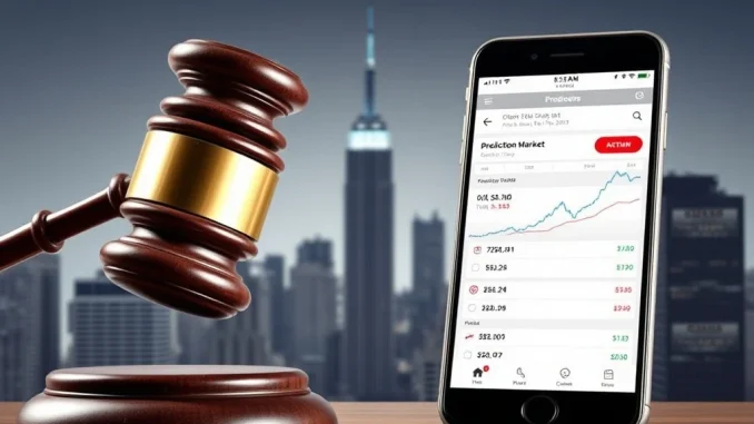 A legal gavel over a smartphone showing a prediction market, symbolizing the Kalshi lawsuit challenging prediction market regulation.