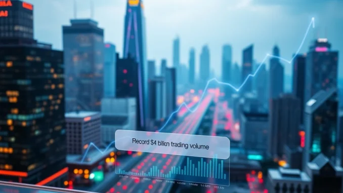 Digital display showing **Kalshi trading volume** surpassing $4 billion, symbolizing the platform's record growth in October.
