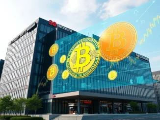 Lib Work's strategic $3.3M Bitcoin purchase represented by a Japanese corporate building integrating Bitcoin symbols into its financial strategy.