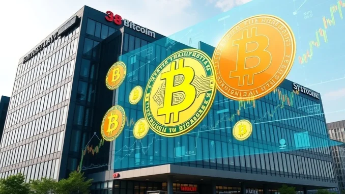 Lib Work's strategic $3.3M Bitcoin purchase represented by a Japanese corporate building integrating Bitcoin symbols into its financial strategy.