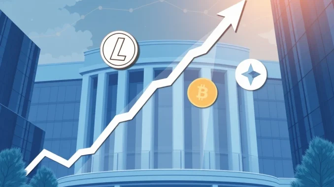 Illustrative chart showing growth with Litecoin and Hedera symbols, representing the potential impact of **Litecoin ETF** and Hedera ETF filings.
