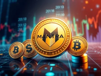 Illustration of MANTRA token split, showing one token dividing into four, representing the 1:4 token split and the OM to MANTRA rebrand.