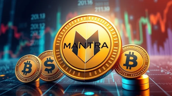 Illustration of MANTRA token split, showing one token dividing into four, representing the 1:4 token split and the OM to MANTRA rebrand.