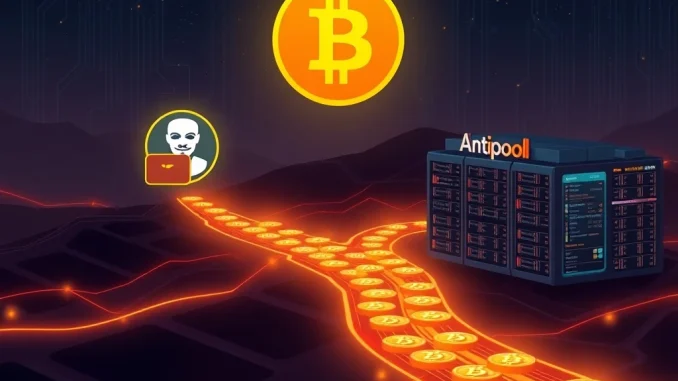 Visualizing a significant Bitcoin transfer of 1,840 BTC to Antpool, highlighting a major BTC whale movement.