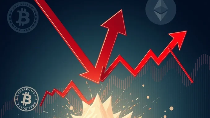 Chart showing a sharp drop, symbolizing massive crypto futures liquidations impacting long positions across Bitcoin and Ethereum.