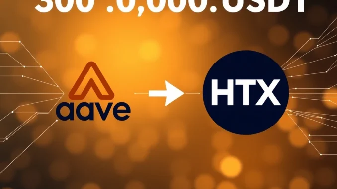 Illustrates a significant 300M USDT transfer from Aave to HTX, highlighting the impact of this large whale transaction on the crypto ecosystem.