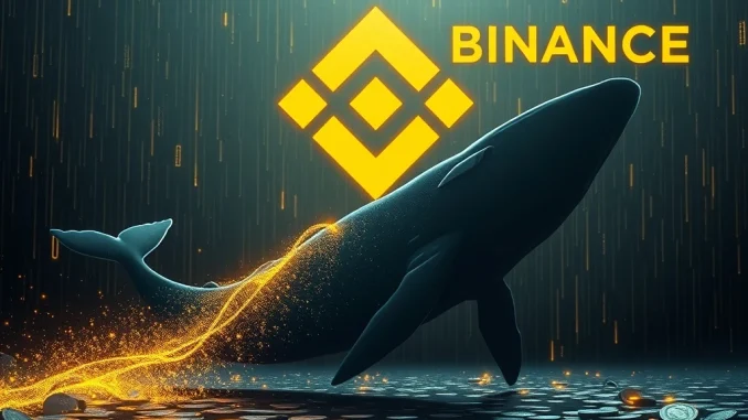A digital whale moving a massive stream of funds, representing a **USDT transfer** from Binance, highlighting a significant **blockchain transaction**.