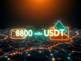 Visualizing a significant USDT transfer of $800 million, depicting digital assets flowing into the HTX exchange, highlighting crypto whale activity.