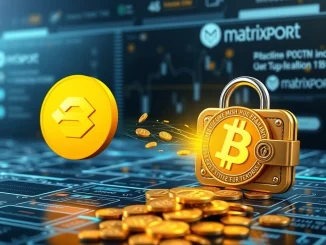 A digital representation of a significant Bitcoin withdrawal event, showing a large amount of BTC moving from an exchange to a secure Matrixport-linked wallet, conveying strategic asset management.