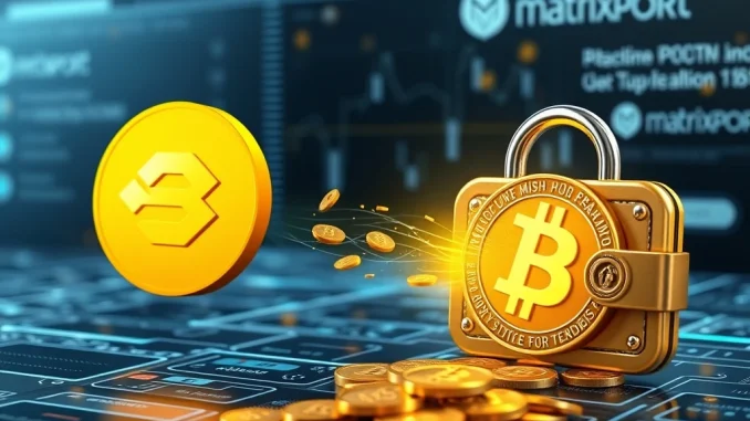 A digital representation of a significant Bitcoin withdrawal event, showing a large amount of BTC moving from an exchange to a secure Matrixport-linked wallet, conveying strategic asset management.