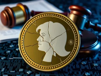 A cracked MELANIA memecoin with legal scales, symbolizing the ongoing fraud lawsuit and the need for investor protection in crypto.