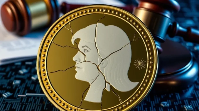 A cracked MELANIA memecoin with legal scales, symbolizing the ongoing fraud lawsuit and the need for investor protection in crypto.