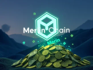 Merlin Chain logo overseeing a stream of digital revenue converting into MERL tokens, illustrating the significant MERL buybacks strategy.