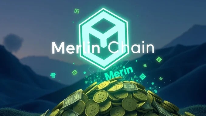 Merlin Chain: A Strategic Move with Impressive MERL Buybacks for Bitcoin Layer 2 Growth Merlin Chain logo overseeing a stream of digital revenue converting into MERL tokens, illustrating the significant MERL buybacks strategy.