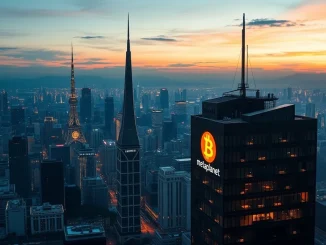 Metaplanet's strategic Bitcoin acquisition reflected by a digital cityscape, highlighting the Japanese firm's growing digital asset holdings.