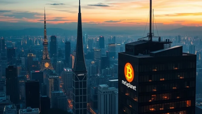 Metaplanet's strategic Bitcoin acquisition reflected by a digital cityscape, highlighting the Japanese firm's growing digital asset holdings.
