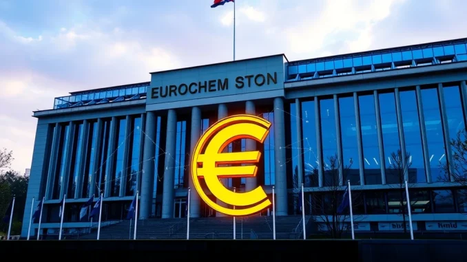 European Commission building with digital overlays, symbolizing MiCA regulation's role in managing stablecoin risks within the EU.
