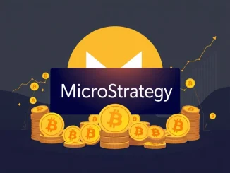 MicroStrategy Bitcoin acquisition strategy represented by a company logo surrounded by Bitcoin symbols, indicating significant corporate BTC holdings.