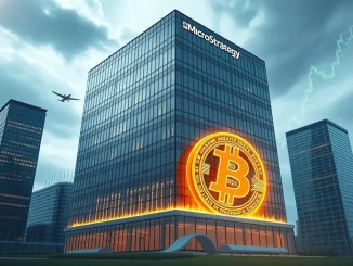 A modern building symbolizing MicroStrategy's financial stability, built on a foundation of Bitcoin, illustrating its potential as one of the safest companies.