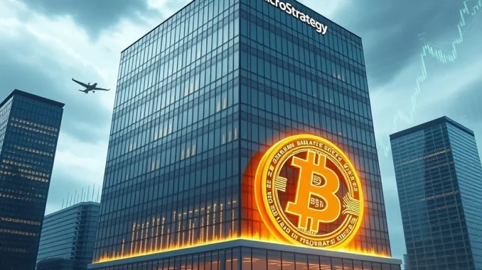 MicroStrategy's Visionary Bitcoin Collateral Strategy: Paving the Way to Becoming One of the World's Safest Companies A modern building symbolizing MicroStrategy's financial stability, built on a foundation of Bitcoin, illustrating its potential as one of the safest companies.