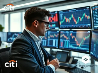 An analyst examining charts, reflecting Citibank's bullish MicroStrategy rating and Bitcoin price prediction.