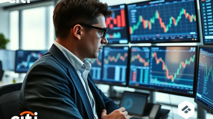 An analyst examining charts, reflecting Citibank's bullish MicroStrategy rating and Bitcoin price prediction.