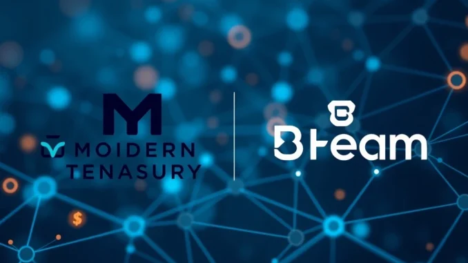 Modern Treasury and Beam logos merging, symbolizing a strategic acquisition to enhance stablecoin payments infrastructure.