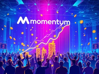 Momentum community sale success represented by digital coins and a growth chart, highlighting the impressive $82.7M crypto fundraising.