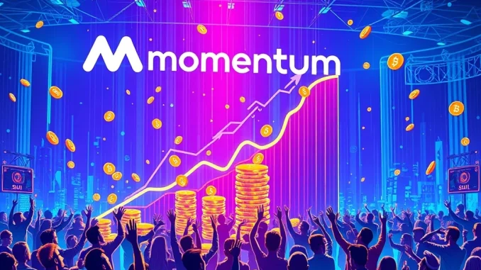 Momentum community sale success represented by digital coins and a growth chart, highlighting the impressive $82.7M crypto fundraising.