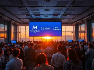 Attendees engaging at the Momentum DEX Seoul crypto meetup, fostering connections and discussing the Sui ecosystem's future.