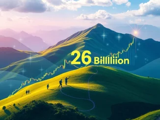 Charts and digital representations illustrate Momentum DEX's cumulative trading volume surpassing $26 billion, highlighting its growth in the Sui Ecosystem.