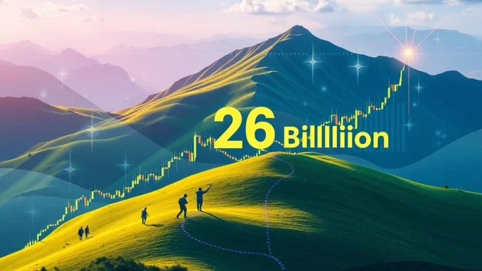 Charts and digital representations illustrate Momentum DEX's cumulative trading volume surpassing $26 billion, highlighting its growth in the Sui Ecosystem.