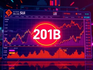A vibrant digital graph illustrating Momentum trading volume soaring past $20 billion, symbolizing the impressive growth of the Sui DEX.