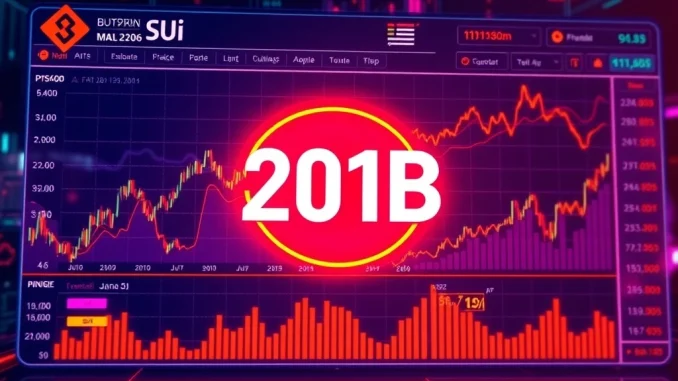 A vibrant digital graph illustrating Momentum trading volume soaring past $20 billion, symbolizing the impressive growth of the Sui DEX.