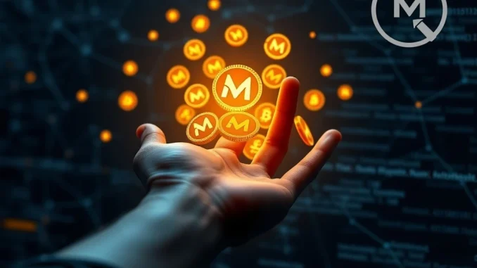 A digital hand interacting with Monad Airdrop tokens, signifying the crucial token allocation reveal and bot filtering process for the Monad EVM Blockchain.