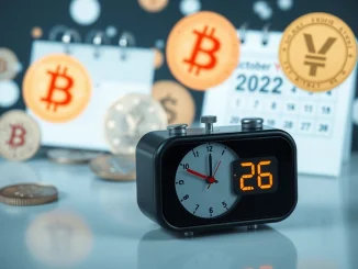 A digital clock showing an extended Mt. Gox creditor repayment deadline to October 2026, symbolizing the ongoing process for Bitcoin (BTC) claimants.