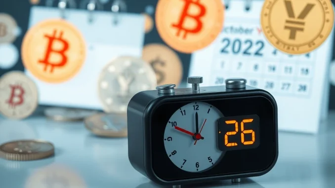 A digital clock showing an extended Mt. Gox creditor repayment deadline to October 2026, symbolizing the ongoing process for Bitcoin (BTC) claimants.
