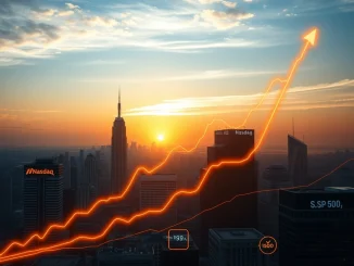 A digital chart showing the Nasdaq all-time high and S&P 500 record, symbolizing strong stock market performance and its potential impact on crypto.