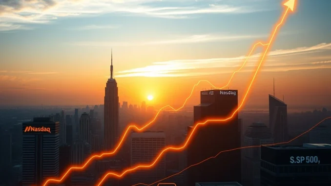 A digital chart showing the Nasdaq all-time high and S&P 500 record, symbolizing strong stock market performance and its potential impact on crypto.