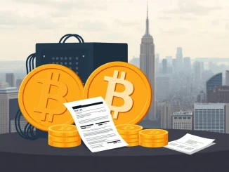 Illustration showing the impact of New York's proposed Bitcoin mining tax on operations, with tax forms and a mining rig.