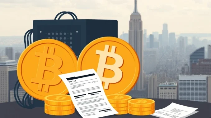 Illustration showing the impact of New York's proposed Bitcoin mining tax on operations, with tax forms and a mining rig.
