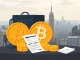 Illustration showing the impact of New York's proposed Bitcoin mining tax on operations, with tax forms and a mining rig.
