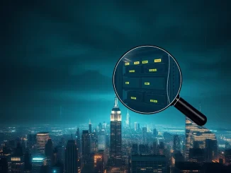 An illustration depicting a financial graph with upward arrows representing energy consumption and a descending arrow symbolizing crypto mining profitability, with the New York City skyline in the background, conveying the impact of the **New York crypto tax** bill on miners.