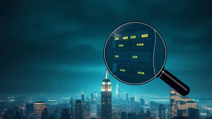 An illustration depicting a financial graph with upward arrows representing energy consumption and a descending arrow symbolizing crypto mining profitability, with the New York City skyline in the background, conveying the impact of the **New York crypto tax** bill on miners.