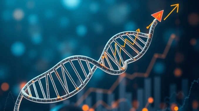 Conceptual image showing NewLimit's pioneering biotech funding for longevity research, with DNA and financial growth symbols.