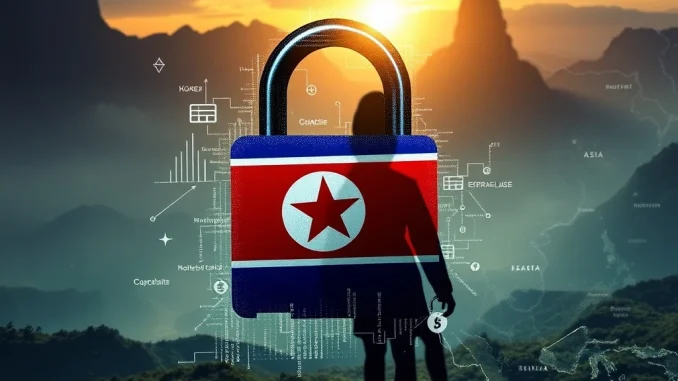 Digital representation of a North Korea crypto theft, showing a lock and cryptocurrency symbols, highlighting the massive cybercrime.