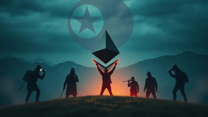 Illustrates the urgent threat of North Korean crypto theft, with shadowy figures breaching digital asset security systems.